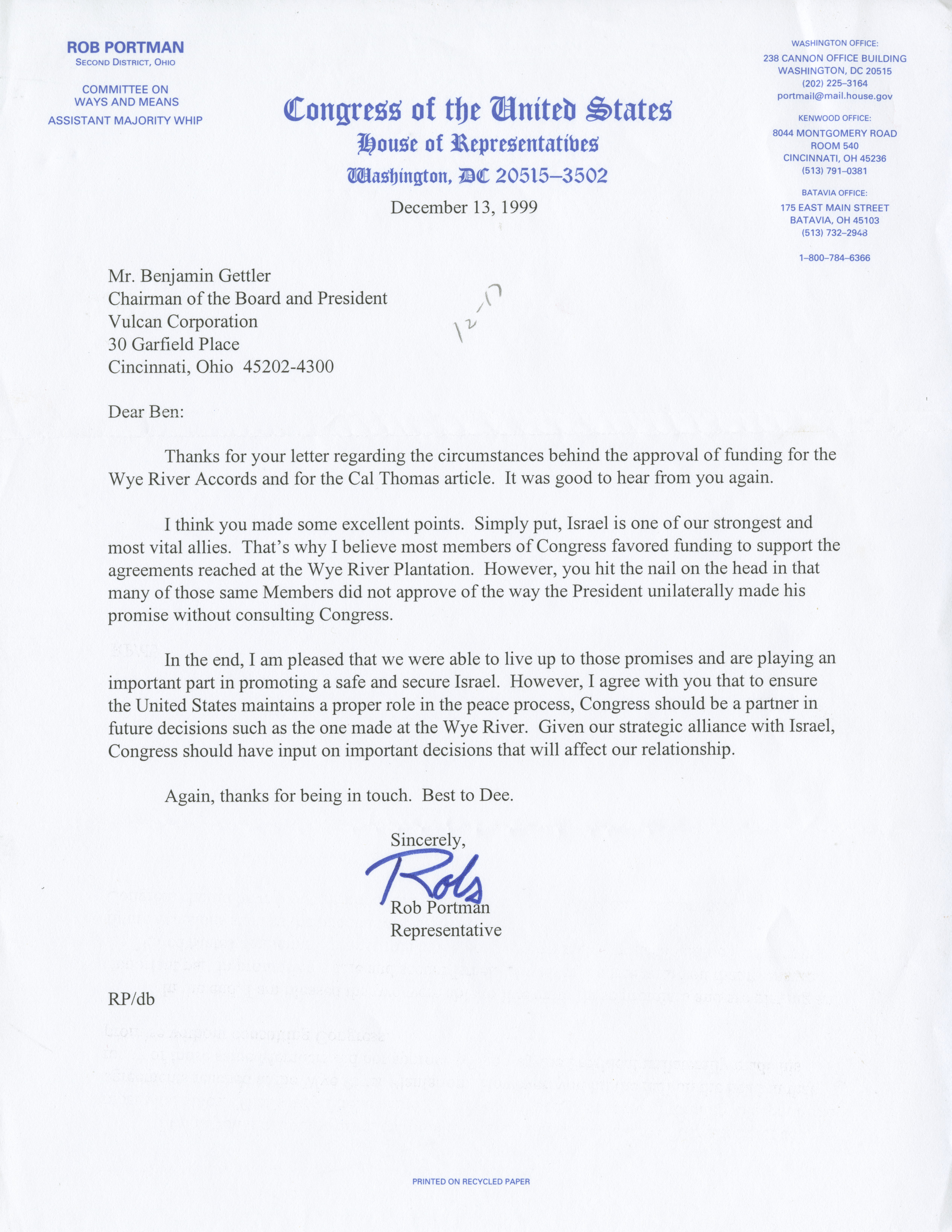 A letter dated December 13, 1999 from Rob Portman to Gettler discussing affairs in Israel.