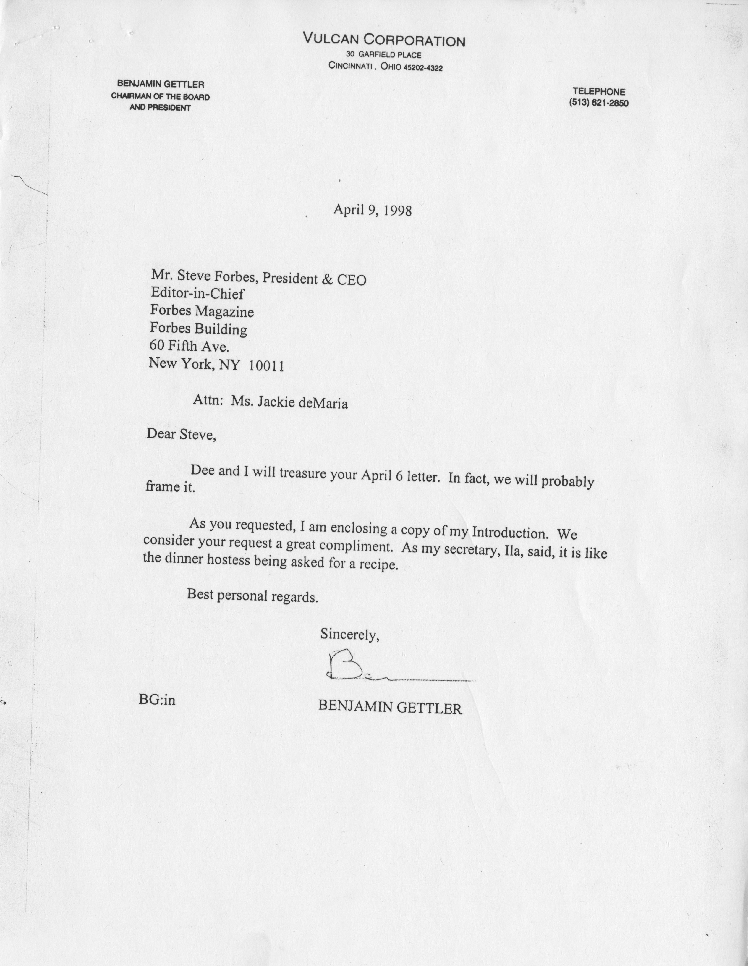 An April 9, 1998 letter from Gettler to Steve Forbes regarding Gettler's speech to introduce Forbes at the Hamilton County Republican Party Lincoln-Reagan Dinner.