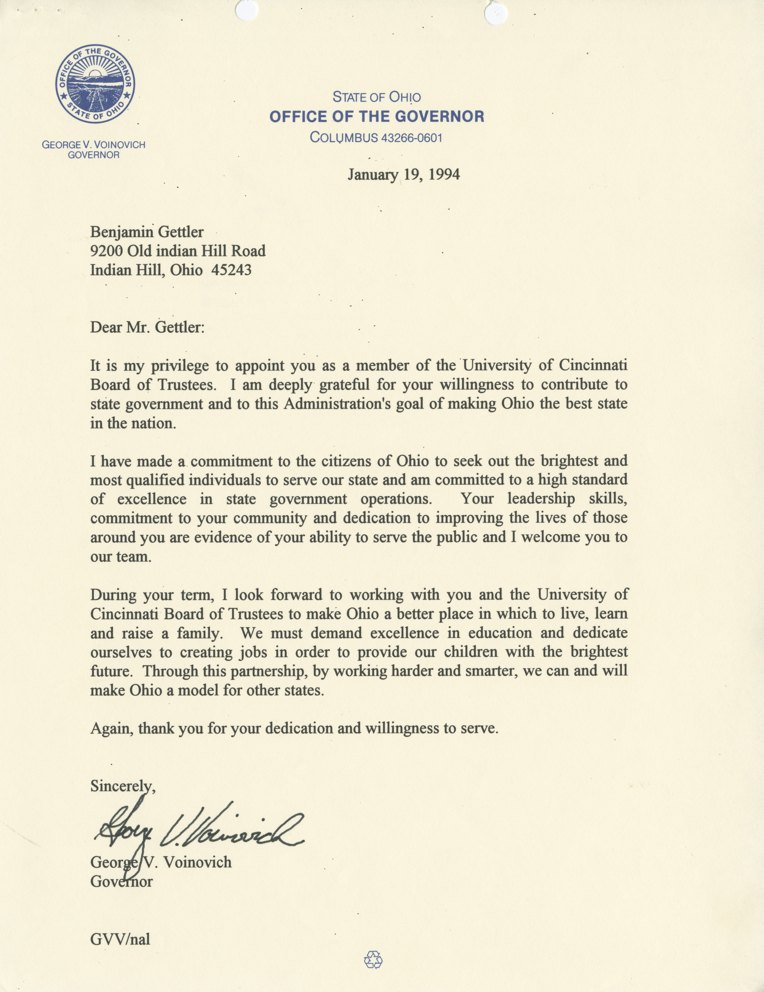 A letter dated January 19, 1994 from Governor George Voinovich naming Benjamin Gettler to the UC Board of Trustees.