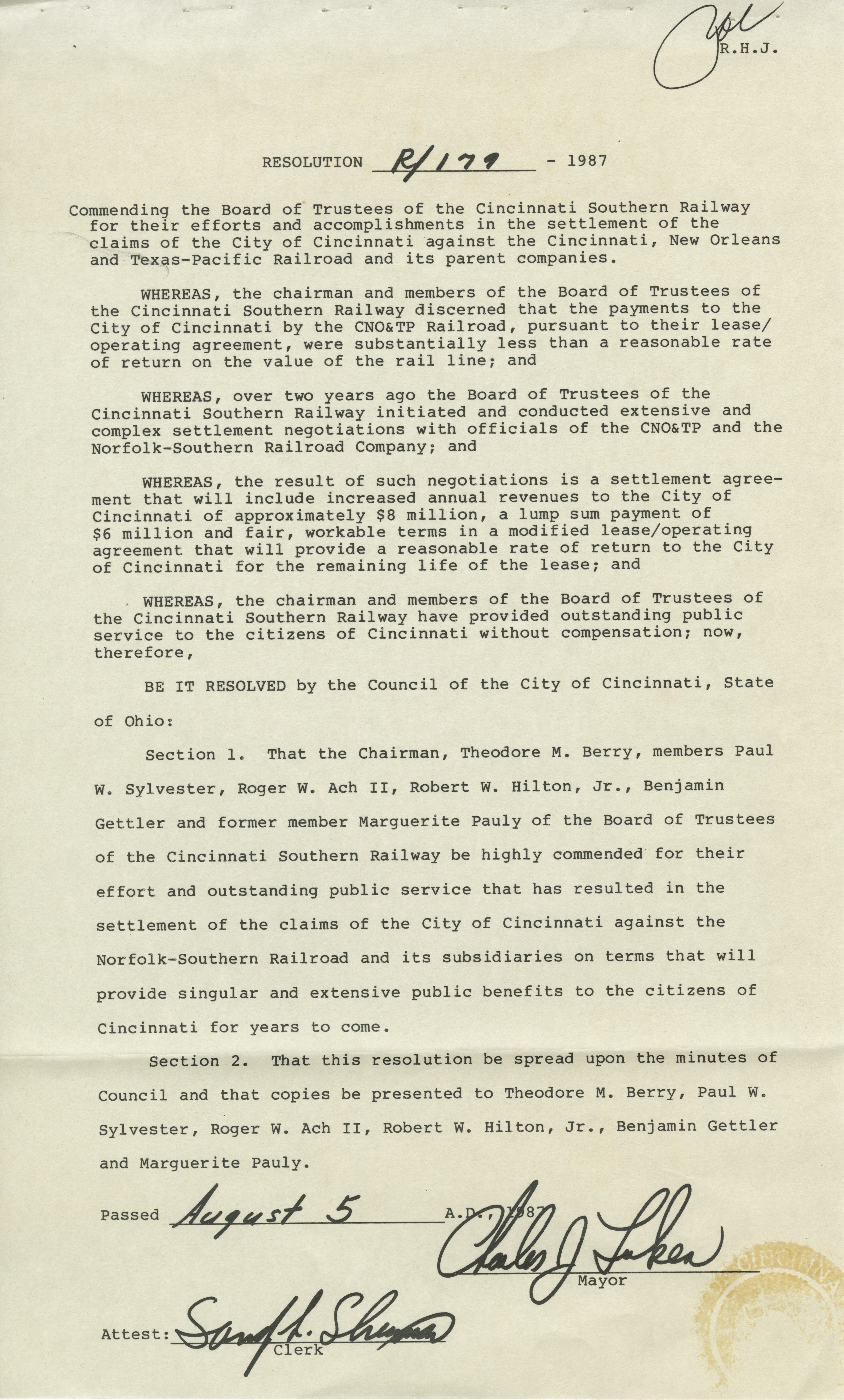 A 1987 Proclamation from Mayor Charlie Luken commending the Board of Trustees of the Cincinnati Southern Railway for their work in settling the city's claims against the Norfolk-Southern Railway Company.