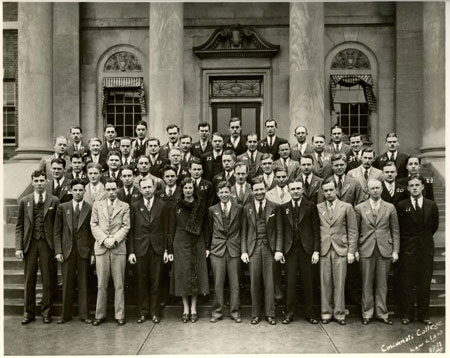 A black and white photo of students in front of the Law School