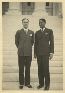 Black and white photo of two men in front of the steps of the Supreme Court. Berry is on the left