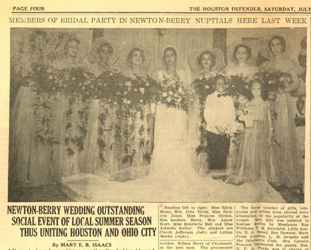 The society pages of a Texas Newspaper with an article on the Berry's wedding including a photo of the wedding party
