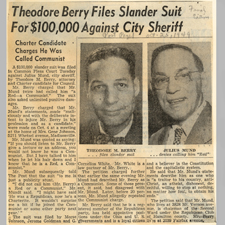 Newspaper article with photo of Berry and another man with the headline "Theodore Berry Files Slander Suit for $100,000 Against City Sheriff"