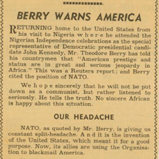 Newspaper article with the headline "Berry Warns America"