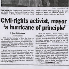 Newspaper clipping with the headline "Civil Rights Activist, Mayor, 'A hurrican of principle'