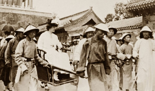 Miss Roosevelt entering Forbidden City in Chair