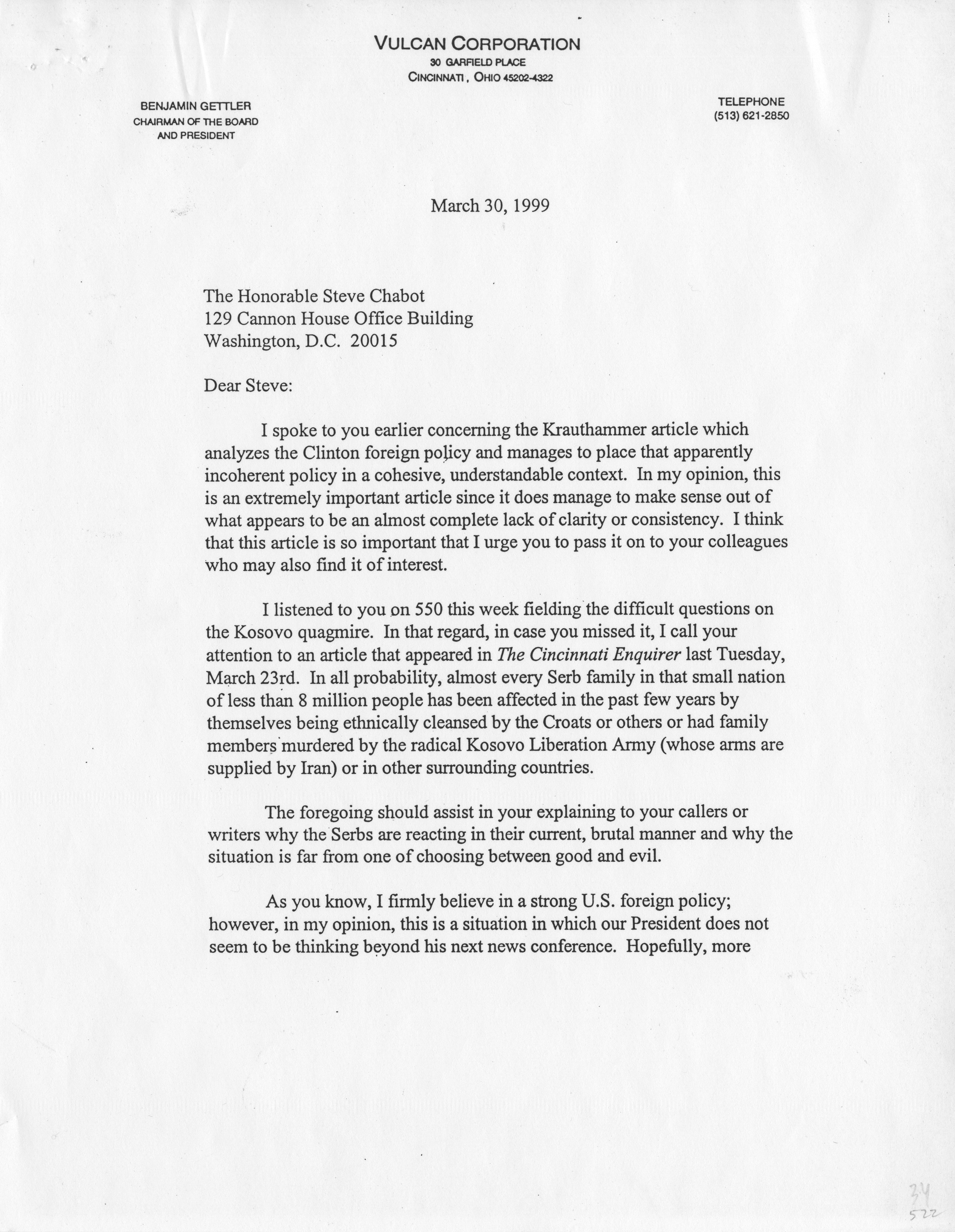 A letter dated March 30, 1999 from Benjamin Gettler to U.S. Representative Steve Chabot regarding affairs in Serbia.