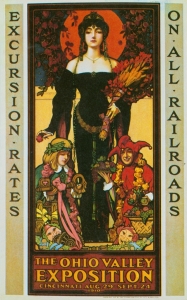 The artwork for the Exposition was often elaborate, as can be seen from this poster advertising railroad excursions in conjunction with the Exposition. The symbology within the image represents the bounty and progressive nature of what a visitor to the event might find.