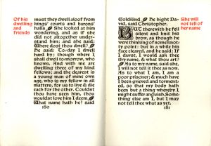 A two page spread from "Child Christopher" the text is in black with text highlights in the margins in red