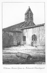 An black and white illustration of William Morris' burial place in the rear of a church