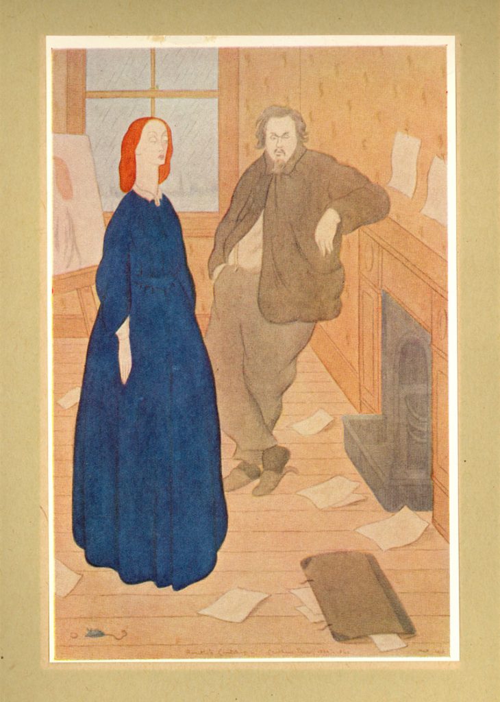 Rosetti leaning against a mantle and a woman standing in a blue dress