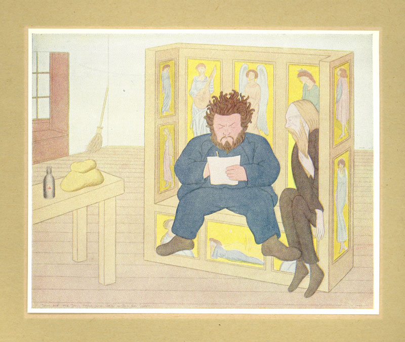 Colorful drawing of two men seated