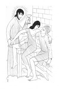 A black and white illustration with two men and a woman.  The woman is seated with her arm around one man and her hand touching the other.  The woman's clothes are not fully covering her.