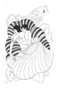 A black and white illustation of a man and woman in bed