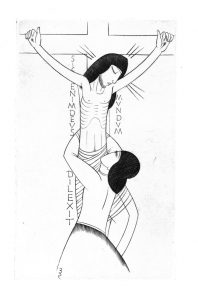 A black and white illustration of a woman on a crucifix with a another woman holding her