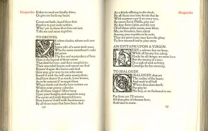 A two page spread from the book "Poem Chosen Out of the Works of Robert Herrick" The book is illustrated with vine motifs over certain letters
