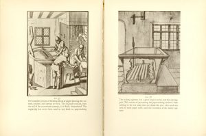 A two page spread with illustrations showing paper making
