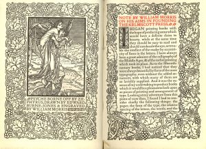 A two page spread with angels on the left page and text and a vine motif on the right