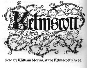 A black and white printers marker with a vine motif and the words "Kelmscott, sold by William Moris at the Kelmscott press"