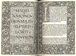 A two page spread with a vine motif in the margins and black block letters