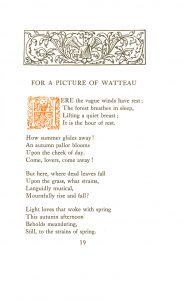 One page with text in black and illuminated lettering in orange and a vine motif at the top
