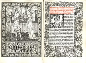 A two page spread showing two people on the left page and a grape vine motif on the right page