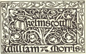 William Morris' printers mark.  The design included a vine motif and the words "Kelmscot" and "William Morris"