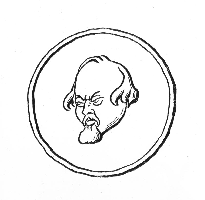 Simple black and white drrawing of Rosetti's head as an older man