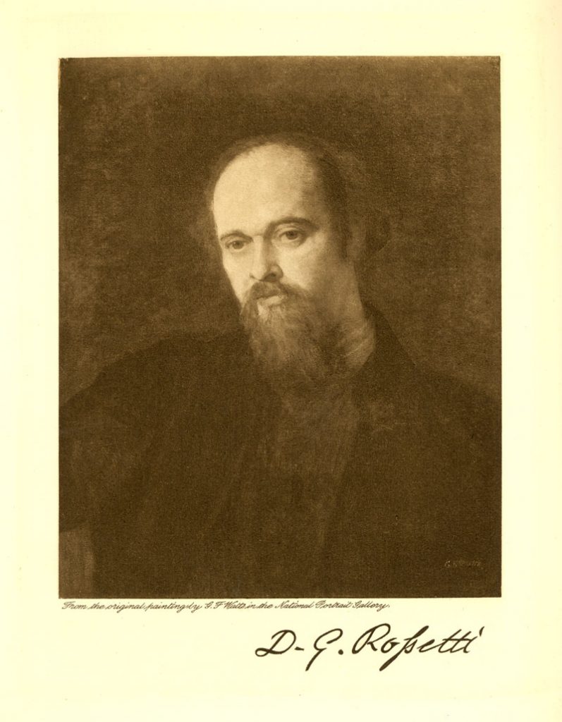 Portrait drawing of Dante Gabriel Rossetti in black and white