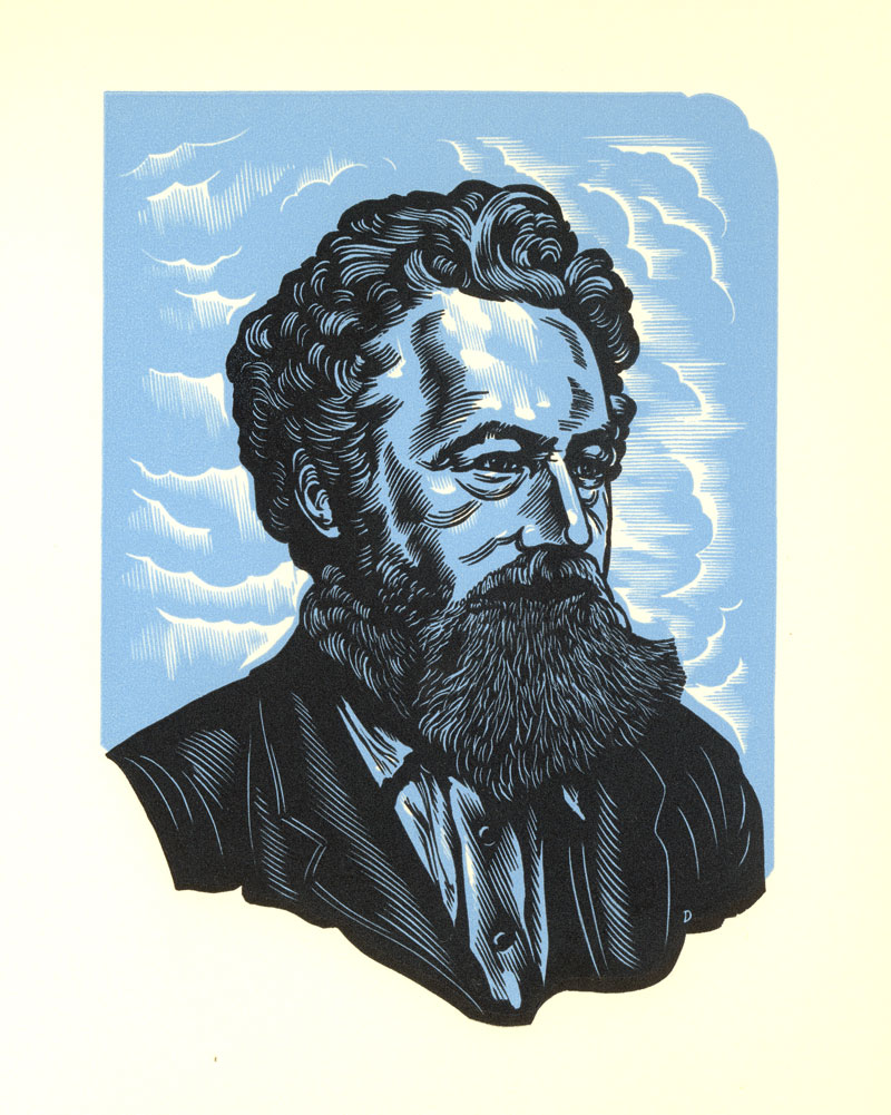 A wood engraved portrait of Morris.