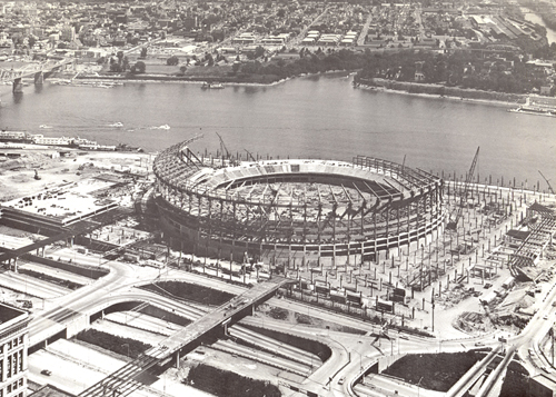 The construction of Riverfront Stadium, June 1969, from the Municipal Reference Library Collection in the Urban Studies Collection.  This collection is not processed.