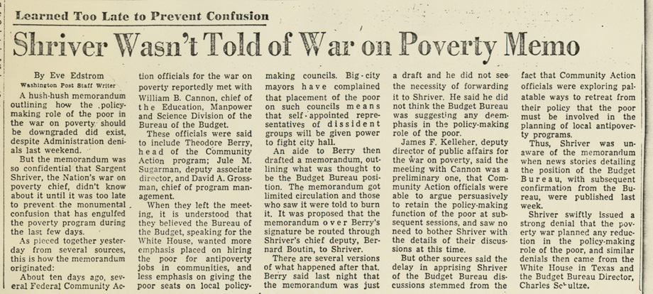 "Shriver Wasn't Told of War On Poverty Memo"