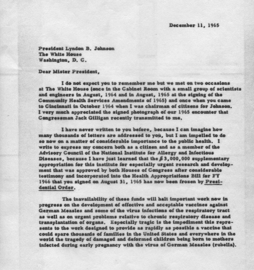 Letter from Dr. Sabin to President Johnson