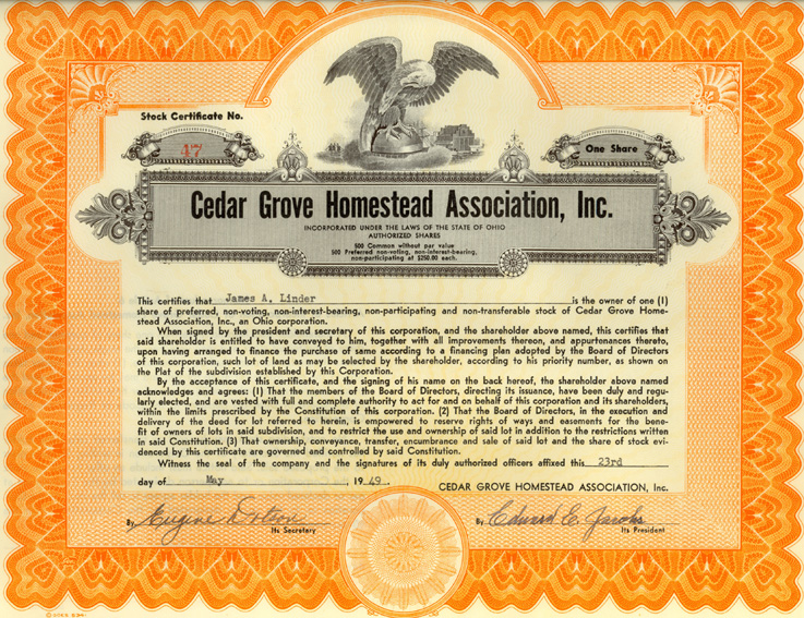 Stock Certificate for Cedar Grove