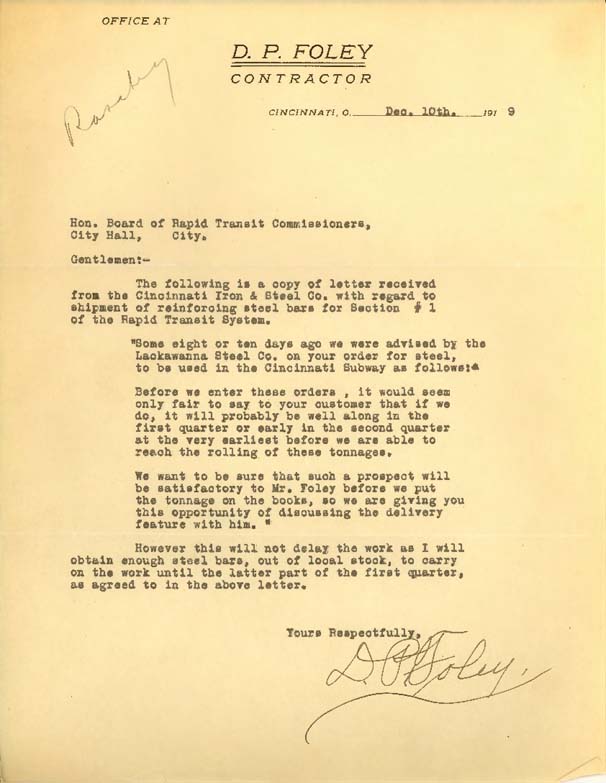 D.P. Foley Letters to Board of Rapid Transit, December 10-11, 1919