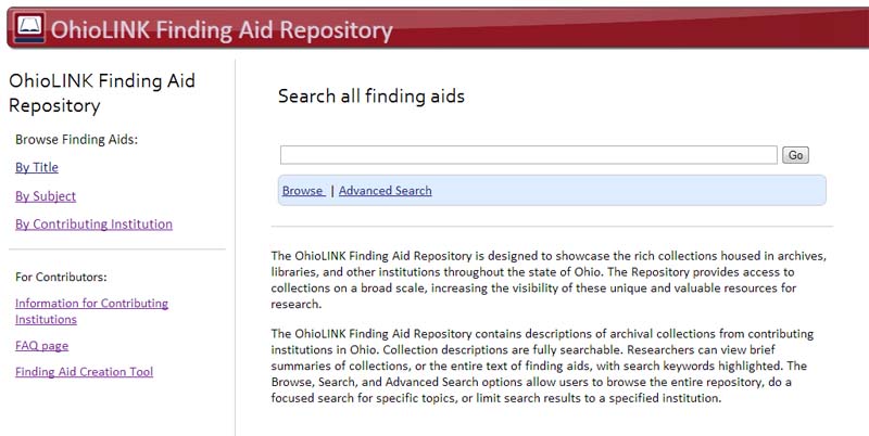 OhioLINK EAD Finding Aid Repository website