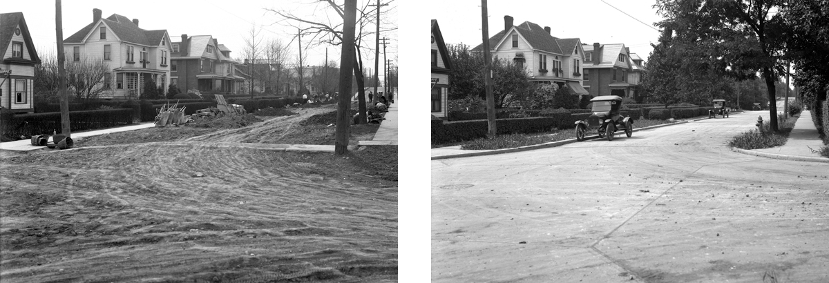 Arnsby Avenue, before street improvements, October, 1927 (left), after street improvements, July, 1927 (right)