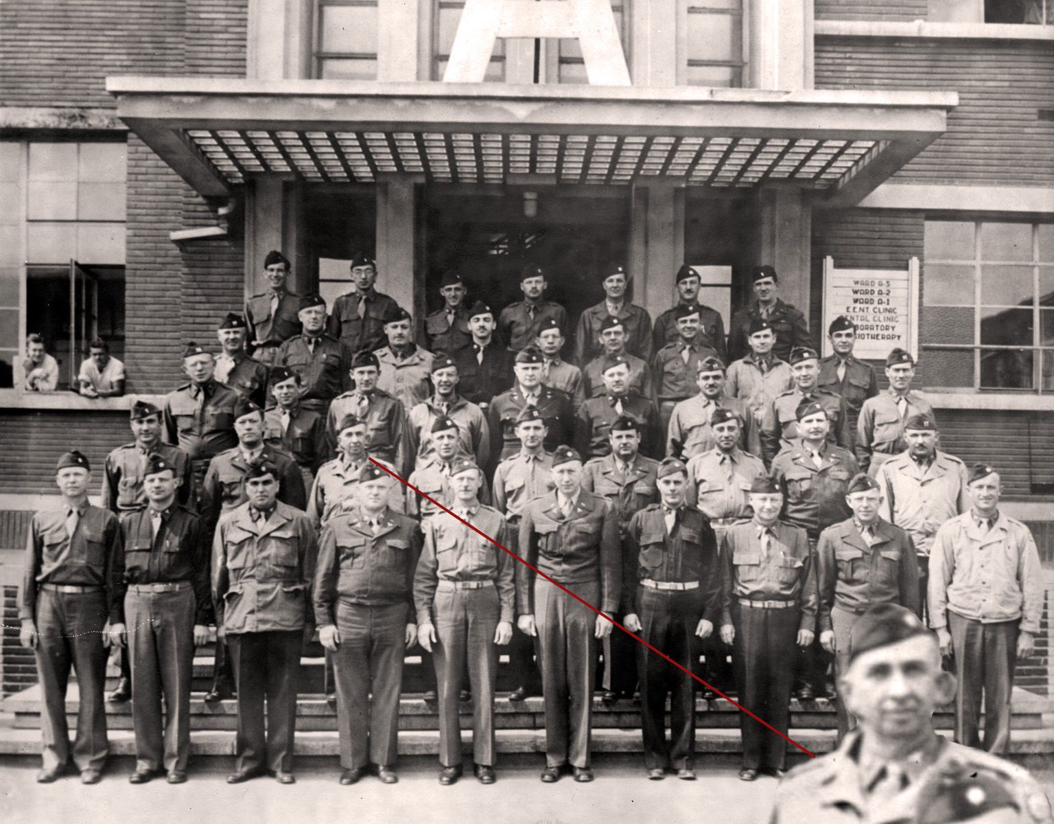 "Officer personnel of the hospital poses for a picture in front of Ward A." Tongres, Belgium, ca. 1945 Inset-right: Dr. Murray Rich