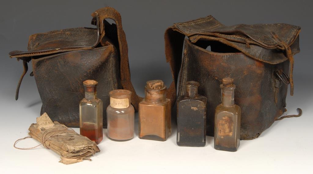 Saddlebags used by Askue in the Civil War along with bottles of various homeopathic remedies