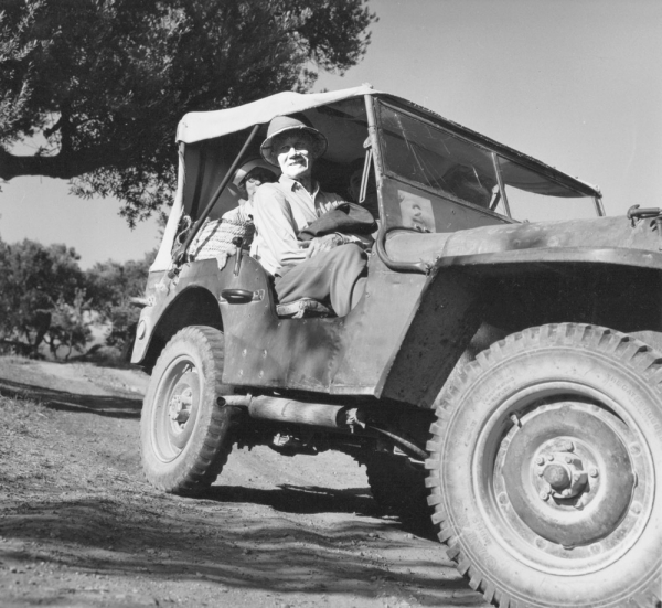 Carl Blegen with UC Archaeologist Marion Rawson in the Land Rover at Pylos, July 1961