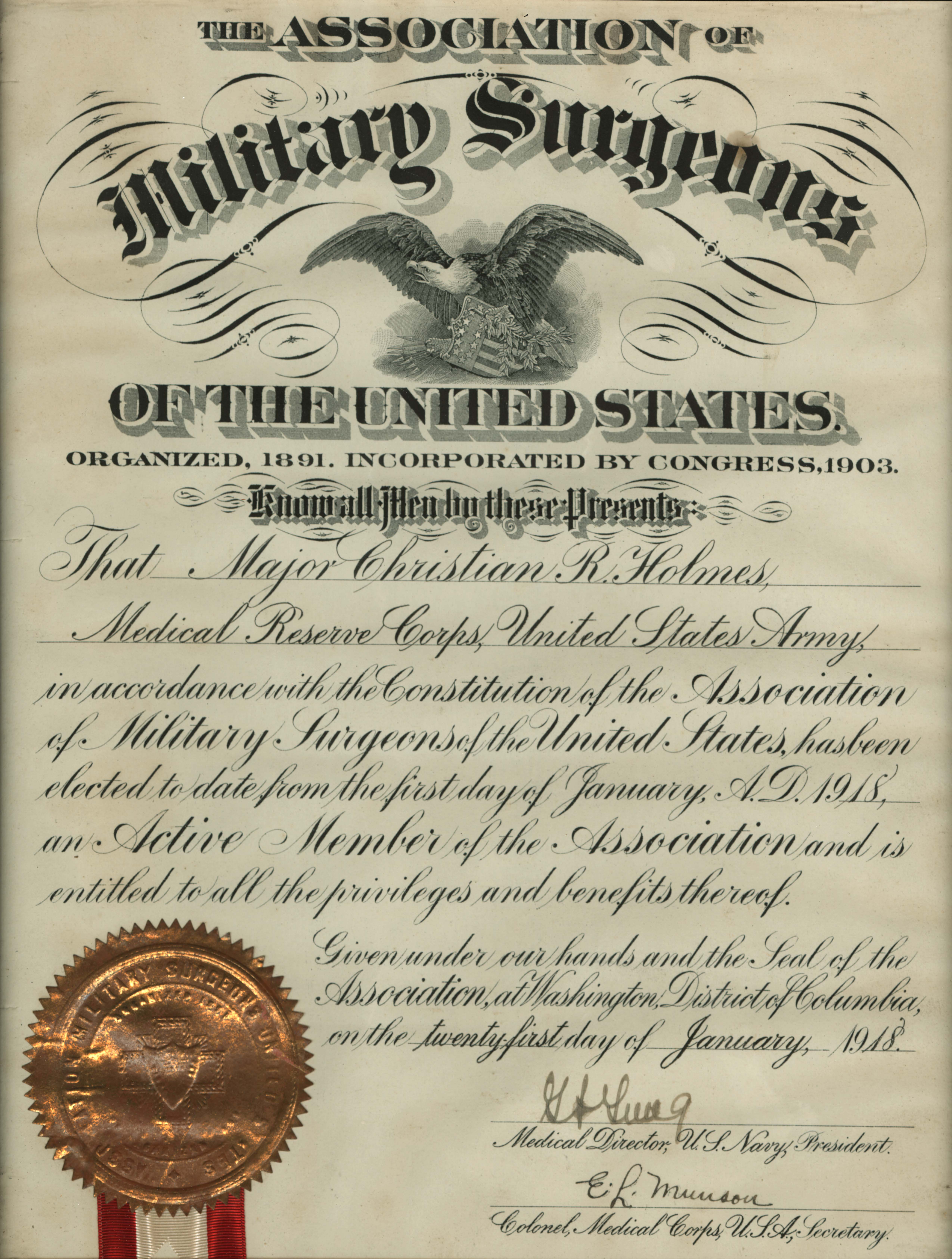 Holmes Medical Reserve Certificate