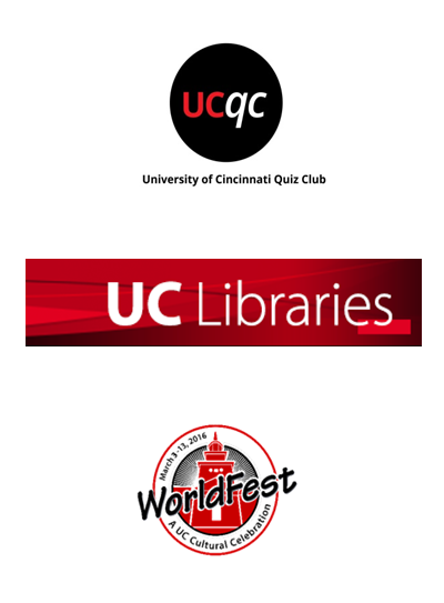 Logos of UC Quiz Club, UC Libraries, and UC WorldFest