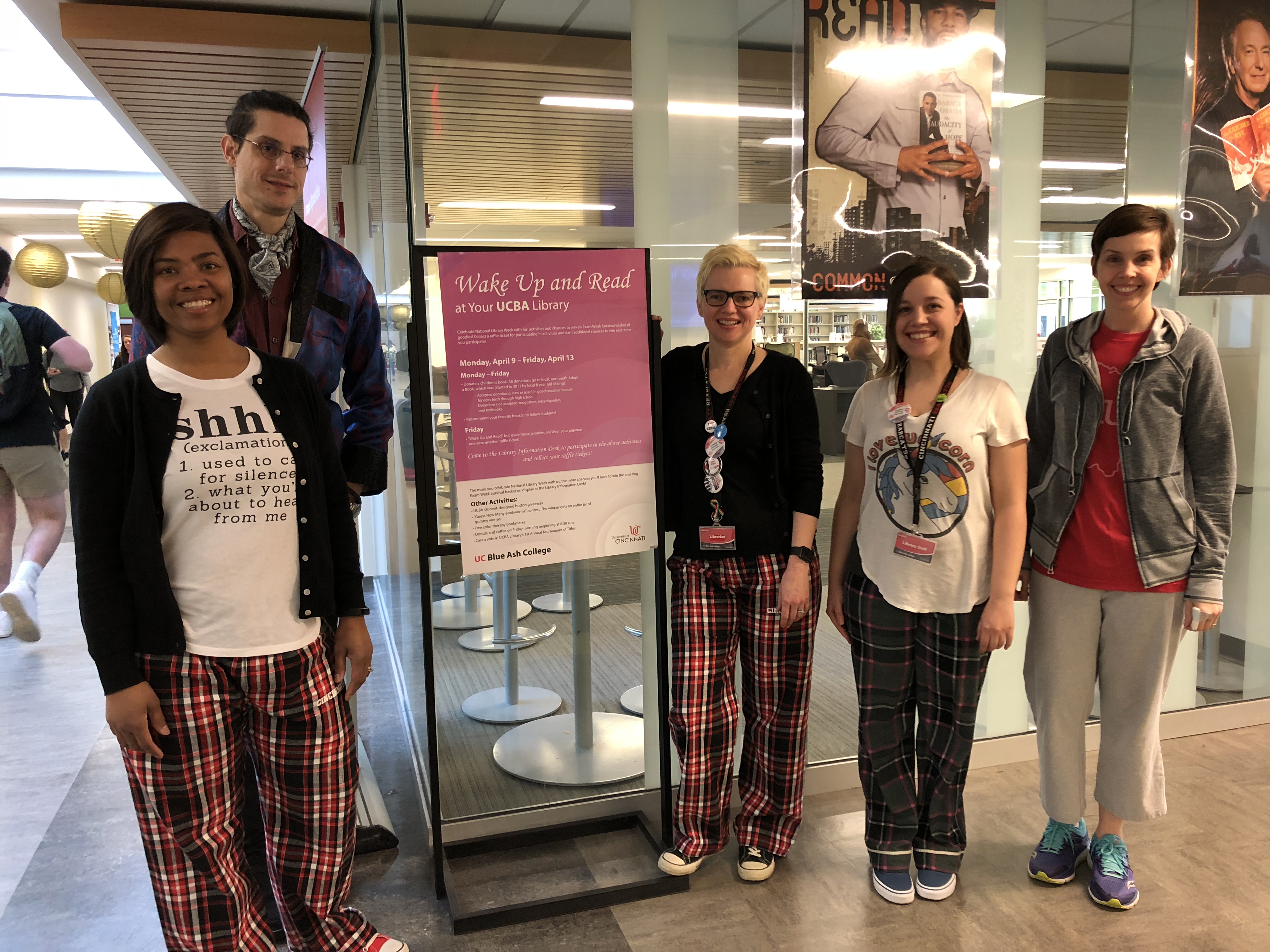 UCBA Library Staff and Faculty wearing pajamas for Wake Up And Read theme