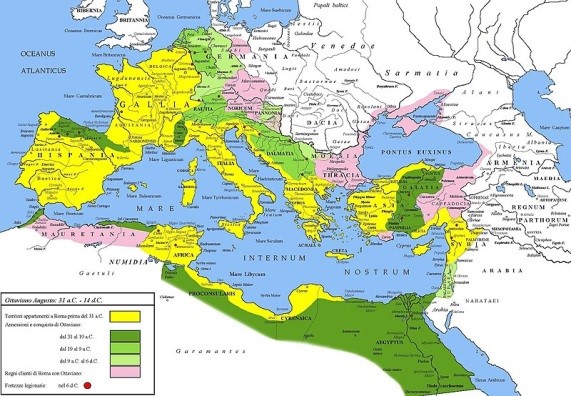 Map of Roman Empire (during the time of Emperor Augustus, 63 BCE-14 CE)