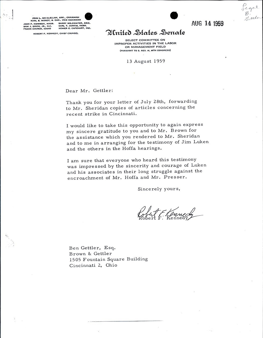 Letter from Robert F. Kennedy to Benjamin Gettler regarding the Hoffa case