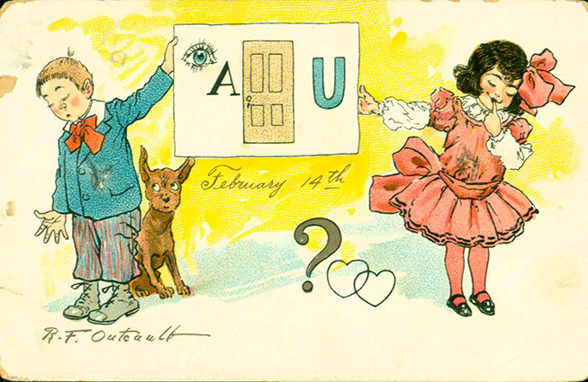 Postcard with a girl and boy and the words "I adore you"