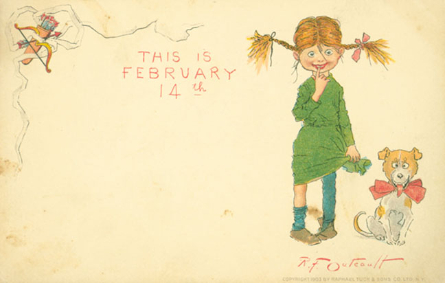 Postcard with the words "This is February 14" showing a girl and a dog