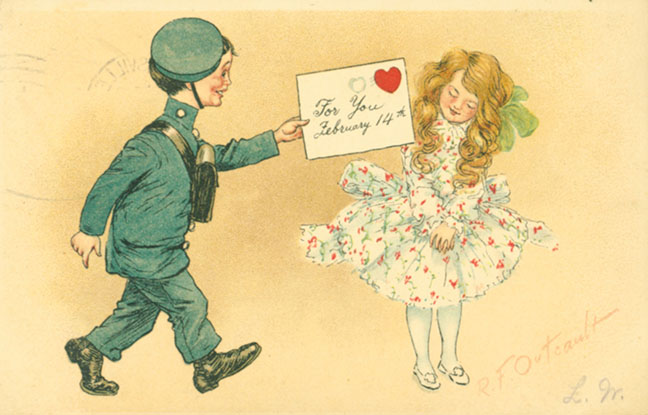 A boy in uniform giving a girl a Valentine's card