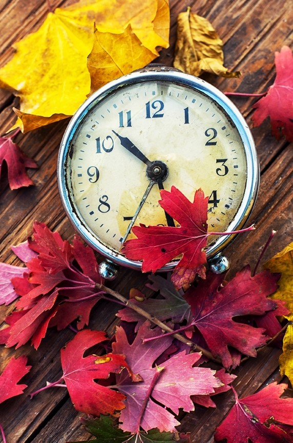 clock and fall leaves